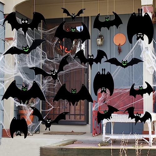 KIMOBER 24pcs Hanging Halloween Bats Decor,Black Flying Plastic Bat with Glowing Eyes for Halloween Party Indoor Outdoor Decoration Supplies