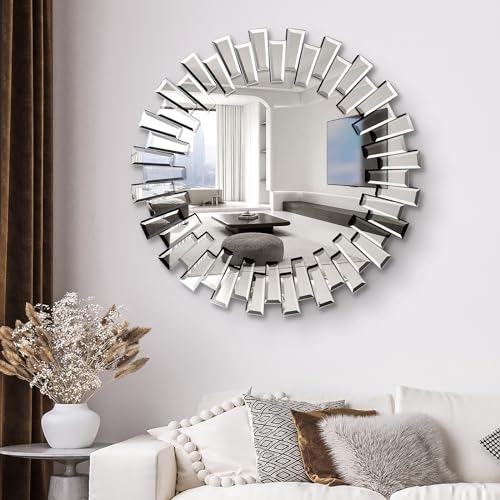 Qdssdeco Round Mirror Sunburst Wall Mirror 31.5 Inch Beveled Edge Frameless For Living Room Bathroom Bedroom Entryway Decor thumb #5