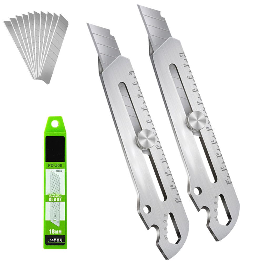 Cuters Profesionales Retractil de Seguridad 2 Piezas, 2024 Cúter Profesional de Acero Inoxidable 6 en 1 con 10 Cuchillas (18mm), Cuchillo para Alfombras Multiusos Multifuncional para Bricolaje