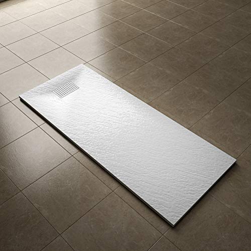 Image of ELEGANT 1700x700mm Slate Effect Shower Tray Slip-Resistance Rectangle Shower Base Tray with Waste and Drain Cover & Grate