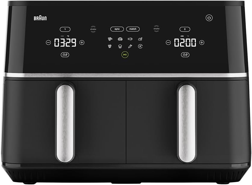 Braun Freidora de aire caliente TwinCook 5 TD5030IBK con 10 litros de capacidad, 80-200 grados, revestimiento cerámico sin PFAS, tecnología RealAir, 8 programas, control táctil, apto para lavavajillas