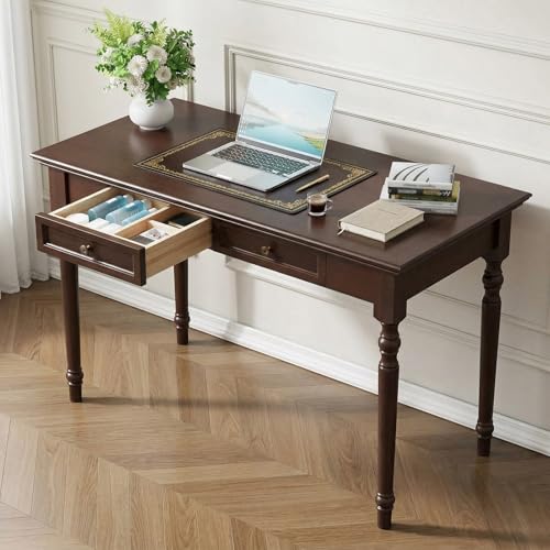 Fucxeoy Escritorio De Nogal Vintage con 2 Cajones, Escritorio De Ordenador Tradicional De Estilo Rústico De 119 Cm, Tocador Clásico De Madera Maciza, Ideal para Walnut Wood Color