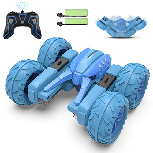 allcaca RC Voiture Telecommandé Enfant, RC 4WD Voiture Télécommandée Tournant à Double Face à 360 Degrés LED Lumière, 2.4 GHz 1:24 RC Stunt Car Haute Vitesse Voiture de Course, Cadeau pour Enfant-Bleu