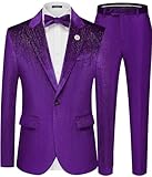 MAGE MALE Mens Suits Velvet Tuxedo Suit Set Slim Fit 2 Piece Luxurious Party Dinner Jacket Pants with Bow Tie Purple