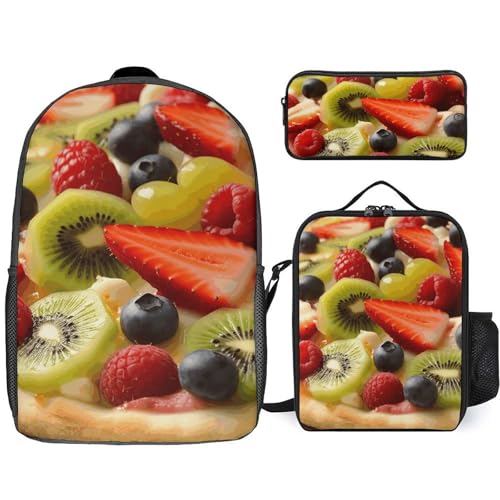 3 Piece Backpack for Women Men Lightweight Causal Daypack Shoulder Bag Set with Insulated Lunch Bag And Pencil Case Organizers Fruit Pizza