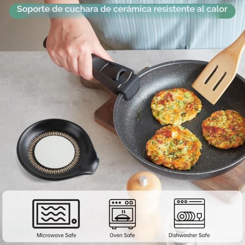 Miniatura 4 de Toski Reposa Cucharas Ceramica Para Estufa Mostrador De Cocina, Posacucharas Resistente Calor, Soporte De Cuchara Negro, Grande Reposacucharas Para Espátulas, Cucharas, Pinzas, Apto Para Lavavajillas