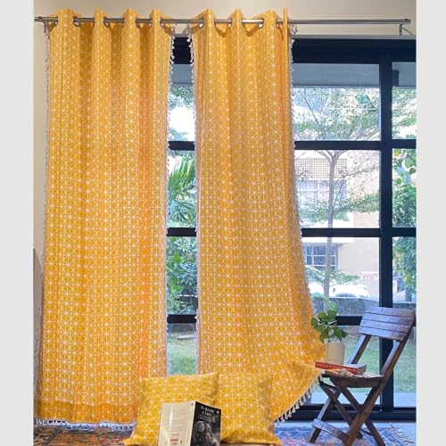 Image of Urban Space 100% Cotton Semi Sheer Curtain for Door, Bohemian Curtains 7 Ft Long with Eyelets and Tieback, 2 Curtains with 2 Cushion Covers (Door- 7 X 4Ft, Cushion Cover- 16X16 Inch, Yellow Star)