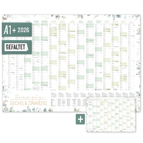 Häfft® XXL Wandkalender 2026 groß A1+ (63 x 89 cm) 'Blattgold' 15 Monate Nov 2025 - Jan 2027 + gratis A4-Jahresplaner, Wandplaner Jahreskalender gefalzt - nachhaltig & klimafreundlich