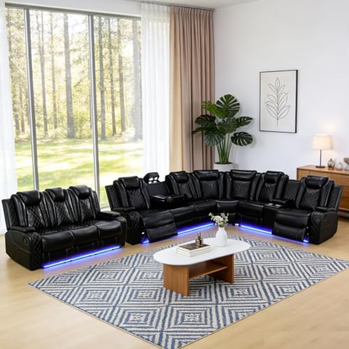 Image of Power Reclining Sectional Couch for Living Room - 4-Seat Power Recliner Sofa, Faux Leather Sectional Recliner, Living Room Sofa Set with LED, USB Ports, Cup Holders, Storage, 500 lb /Seat, Black