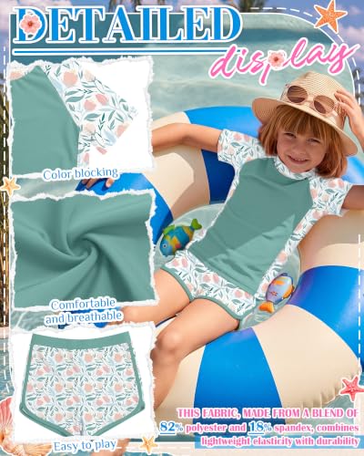 Image of Xaatren Girls 2 Piece Rash Guard Swimsuit | Quick Dry Bathing Suits, Short Sleeve Floral Beach Swimwear, Summer Tee and Boyshort Sets, Protection, Hawaiian, 7-16 Year