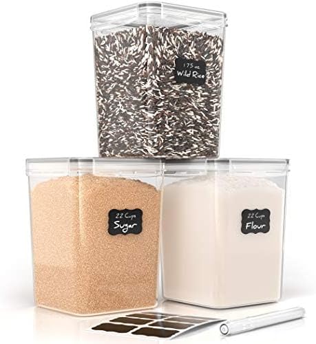 Simply Gourmet Airtight Flour and Sugar Containers with Lids  3 Piece Kitchen Pantry Organization Set, BPA-Free Clear Plastic, Stackable Canisters for Baking Ingredients, Rice, Snacks, Cereal