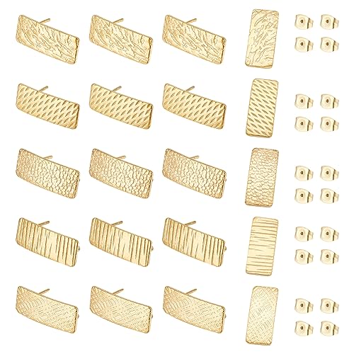 UNICRAFTALE 20Pcs 5 Style Golden Rectangle Stud Earring 304 Stainless Steel Textured Ear Stud Finding with Vertical Loops Metal Earrings Posts with Ear Nuts for Earring Jewelry Making
