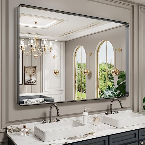 LOAAO 60X40 Inch Black Metal Framed Bathroom Mirror for Wall, Matte Black Bathroom Vanity Mirror Farmhouse, Large Rounded Rectangle Mirror, Anti-Rust, Tempered Glass, Hangs Horizontally or Vertically