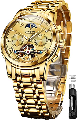 OLEVS Montres Homme Automatique Or Squelette Mécanique Montre Habillée de Luxe avec Phase de Lune Jour Date Étanche Lumineuse Deux Tons Montre Cover