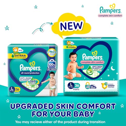 Image of Pampers Complete Skin Comfort Pants, (LG) 42 Count, Anti-rash blanket, Lotion with Vitamin E & Aloe Vera, Large size baby diapers , 9-14 kg