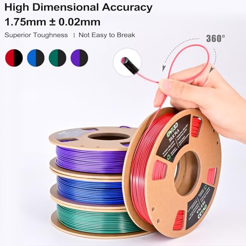 Image of OVV3D Silk PLA 3D Printer Filament Bundle 250g x 4 Spools, Shiny Dual Color Filament 1.75mm Pack, Multi Color Change 3D Printing Filament, High Gloss Shine, 4 Pack (Black - Purple, Red, Green, Blue)