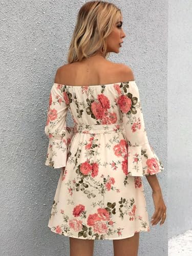 Image of Off Shoulder Ruffle Dress for Women, A-Line Mini Dress with Belt, Fitted Bust Summer Wedding Guest Dress