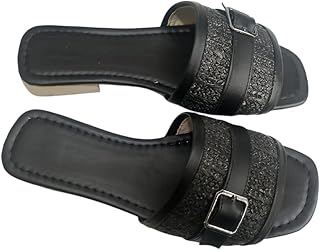 صندل مسطح من القماش بمقدمة مربعة للنساء من كاريسما، حزام بسيط مع شريط بطانة رفيع وإبزيم بحزام