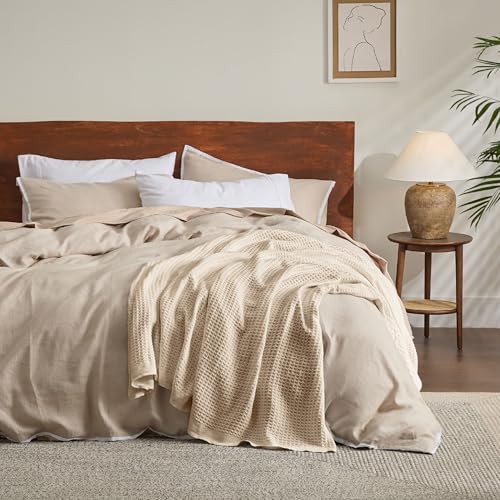 Image of Bedsure 100% Cotton Throw Blanket for Couch 50x70 inches - Breathable and Soft for Spring Summer, Waffle Weave Throw Blanket for Office, Yellowish Cream