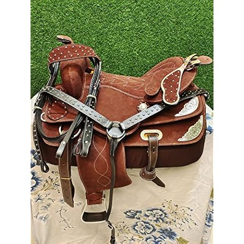 Deen, Enterprises Synthetic Western Barrel Racing Trail Equestrian Horse Saddle Tack Get Headstall Breast Collar REINS & Pad Size 14 to 18 inch-12 (16) Cover