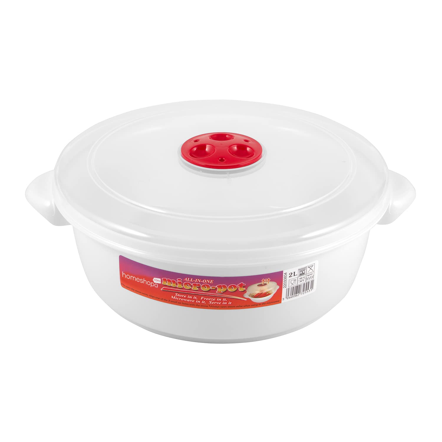 HOMESHOPA Plastic Microwave Heating Food 2 Litre Cooking Pot Container with Ventilated Lid & Steam Release Vent, Round Bowl, Kitchen Air-tight Food Storage Container, Dishwasher, Freezer Safe