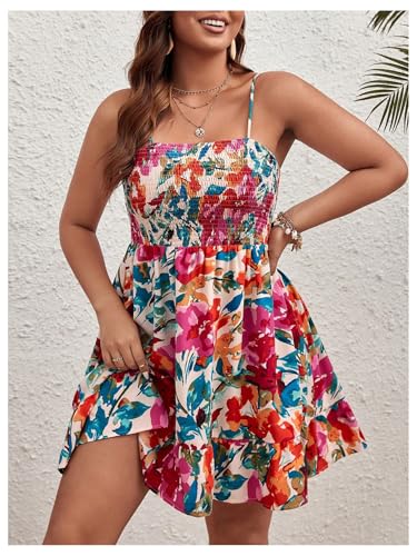 Image of Floerns Women's Plus Size Floral Sleeveless Cami Dress Shirred Bust Ruffle Hem Flounce Summer Dress