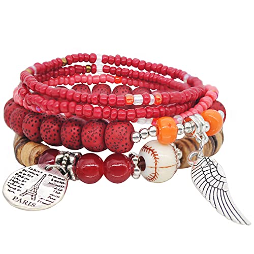 1 pulsera de cuentas rojas de múltiples capas para mujer, pulsera elástica con accesorios de flecos, Vidrio Cover