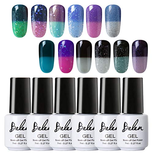 Gel Nail Polish Set, Belen 12pcs Temperature Color Changing Gel Polish Soak Off UV Chameleon Change Color Nail Varnish Collection Starter Kit