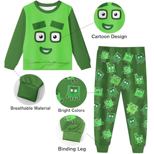 Image of Boys Girls Numbers Long Shirts and Pants Sets Cartoon Little Kids Casual Daily Homewear for 3-10 Years (Green, 130)