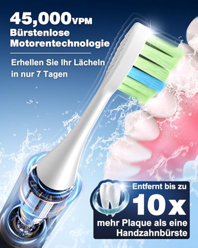 Elektrische Zahnbürste, Zahnbürste Elektrisch, Zahnbürste Für Empfindliche Personen, 45000VPM, 5 Modi, 6 DuPont-Bürstenköpfe, 120 Tage Akkulaufzeit, Batteriestandsanzeige, Timer, IPX7, Blau – Bild 3
