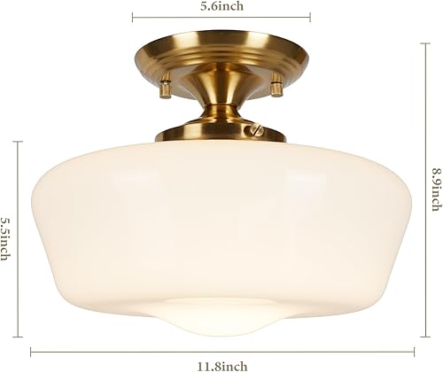 Miniatura 2 de Lámpara de techo semiempotrada estilo colegial, lámpara de techo moderna dorada de 12 pulgadas con pantalla de vidrio de leche de ópalo de latón,
