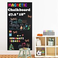 Magnetic Chalkboard Contact Paper for Wall, 47.2\" x 18\" Self-Adhesive Magnet Wall Sheet with 79 Magnete Letters for Kids and 12 Colors Liquid Chalk, Magnetic Wallpaper Stickers, Chalk Board