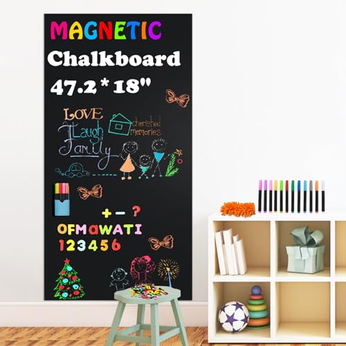Image of Ykall Magnetic Chalkboard Contact Paper for Wall, 47.2" x 18" Self-Adhesive Magnet Wall Sheet with 79 Magnetic Letters for Kids and 12 Colors of Chalk, Black Chalk Board Wallpaper Roll