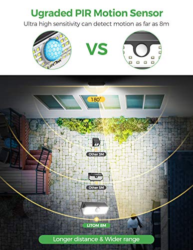 Solar Lights Outdoor, LITOM 100 LED Solar Motion Sensor Lights Outdoor with 4 Optional Modes, Wide-angle Design,IP67 Waterproof, Easy-to-Install Solar Security Lights for Front Door Yard Garage 4 Pack