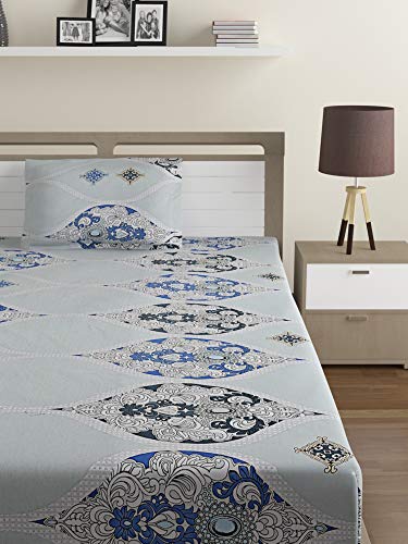 Image of Swayam Pure Cotton Single Bedsheet with 1 Pillow Covers | Size 60 x 90 inch | 160 TC | Ethnic Motifs Design | Soft Breathable Bed Sheet | Comfortable & Durable for Bedroom - Grey