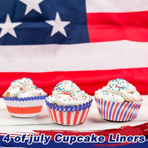 Image of 600 Pack 4th of July Cupcake Liners - Patriotic Red White Blue Baking Cups, Standard Size Muffin Wrappers for Independence Day Party, Cake & Candy Decorations(12 Styles)