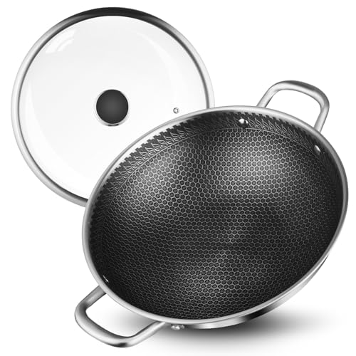 LENND Stainless Steel Wok pan 32CM Hybrid Woks & Stir-fry Pans Nonstick Cookware with Lid Deep Frying Pan Large Kadai Skillet Saute Pan Cooking Pot Compatible with All Cooktops Dishwasher Safe