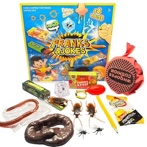 BbiuRer Juego de bromas para niños, 14 unidades, cojín para pedos, moscas pequeñas y artículos de broma realistas, bromas divertidas para niños y adultos, ideal para fiestas y noches familiares