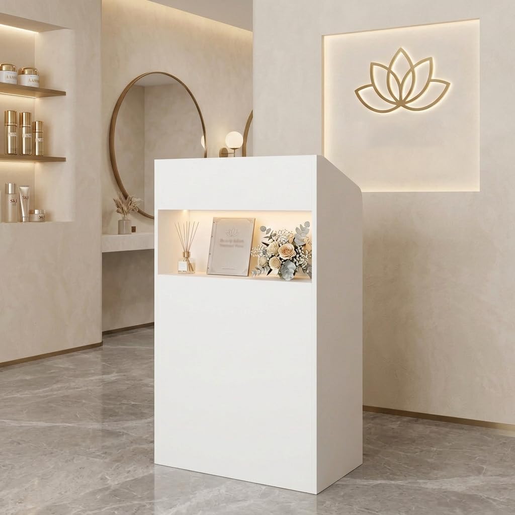 DEZAGCE White Reception Desk with LED Lights & Lockable Drawer - Salon Counter