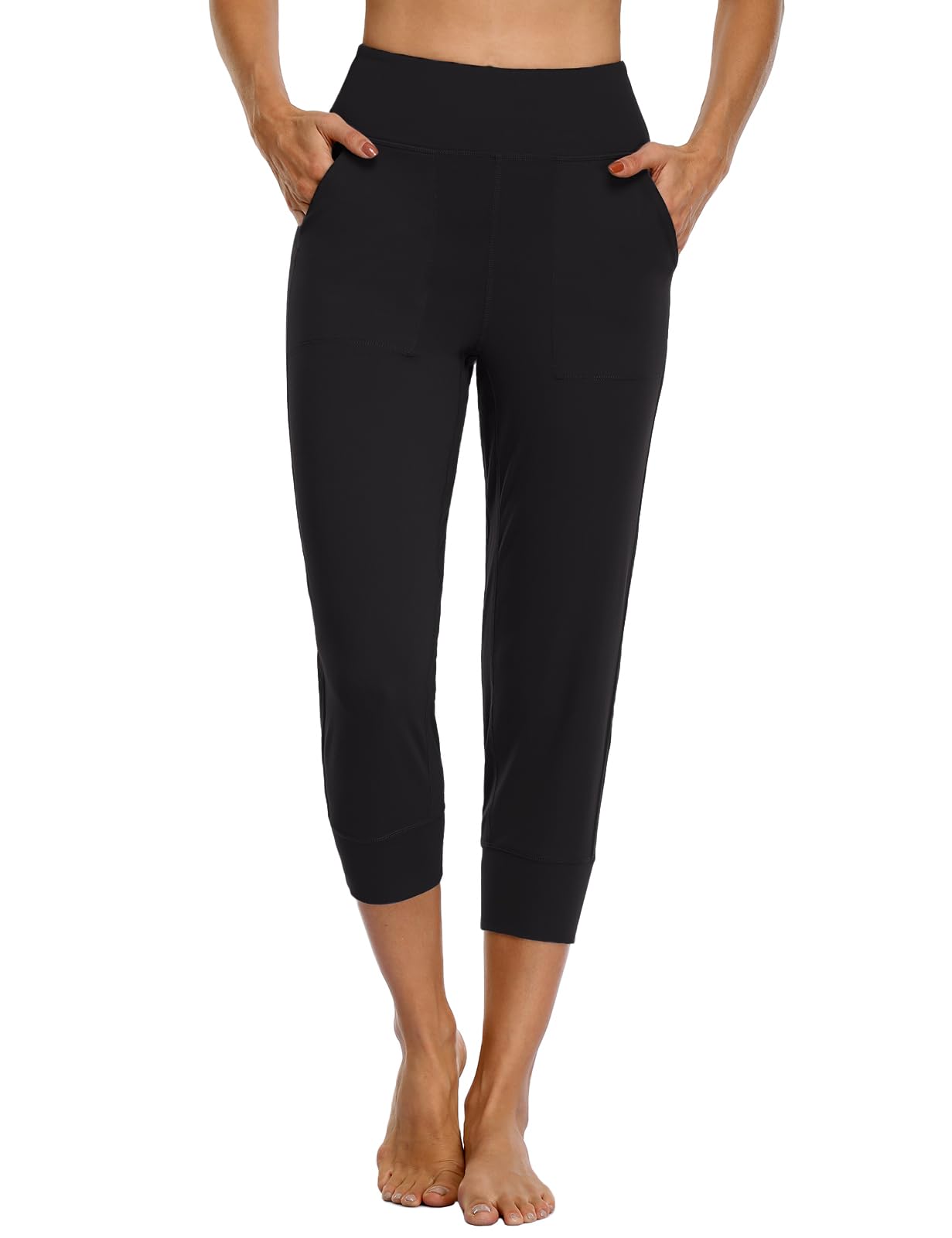 MOVE BEYOND Buttery Soft Women's Joggers Capris with 4 Pockets Active Sweatpants High Waist Workout Yoga Lounge Pants, Black, M