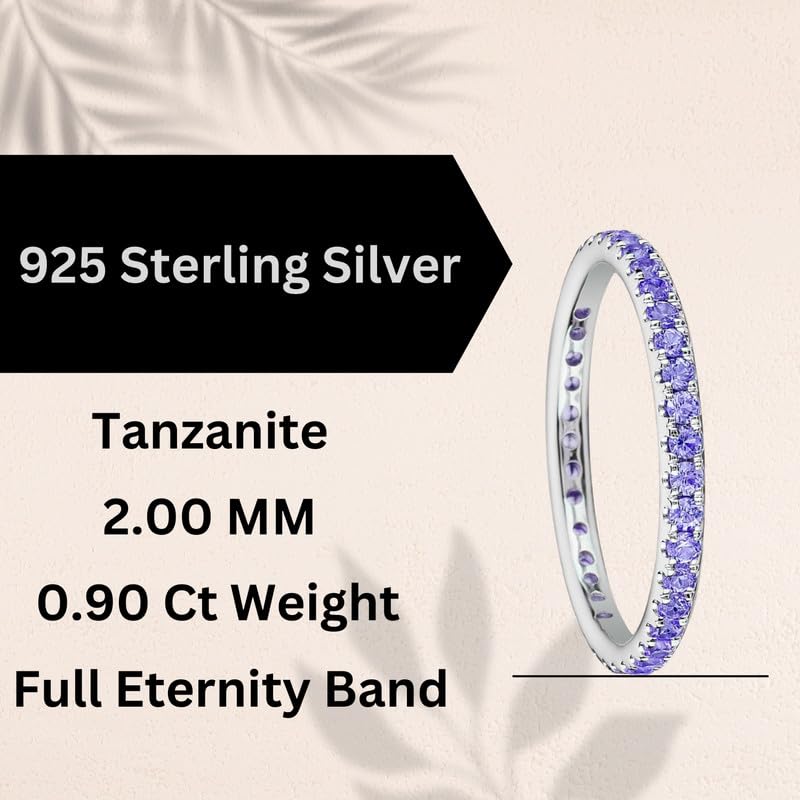 925 Sterling Silver Natural 0.90 Ct Weight Tanzanite 2.00 Mm Gemstone Silver Eternity Band Ring For Women2