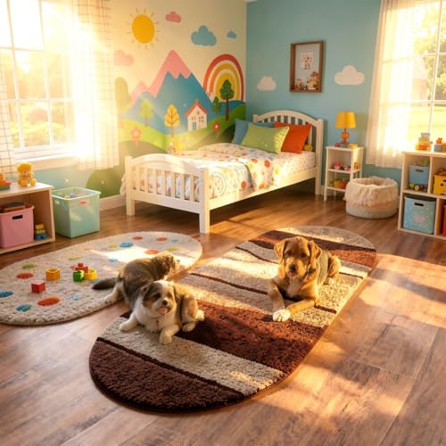 Image of Vasrug Luxury Soft Shaggy Bedside Ovel Rug - Geometric Design | Plush High-Pile Bedroom Carpet, Pack of 1 Pic, 1.5x4 Feet, (AA17)