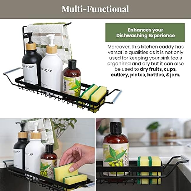 DINEST Large Sponge Holder for Kitchen Sink with Dishcloth Towel Holder - Stainless Steel, Rustproof Non-Slip Sink Sponge Caddy Organizer - Perfect for Holding Sponges, Dishwashing and Handsoap Bottle