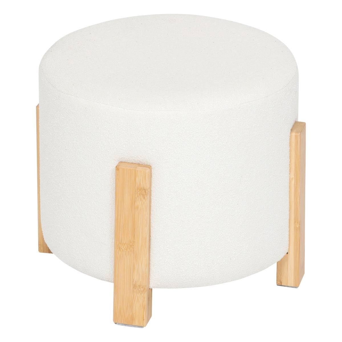 Atmosphera - Tabouret d'Appoint Bansa Blanc, D 37,5 x H 32 cm, Tissu Bouclette et Bambou - pour Salon, Chambre, Repose-Pieds