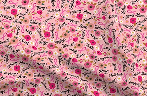 Spoonflower Fabric - Cancer Words Pink Floral Support Survivor Inspiration