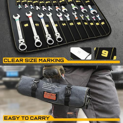 Image of GRENPRO 23PC Flex Head Ratcheting Wrench Set SAE & Metric Mechanic Tools | 1 /4 inch-3 /4 inch&6-18MM Bolt Gauge, CR-V Steel 72-Tooth 180-Degree Flex Head 12Pt, Color Rings, Roll Pouch For Auto & Home Repair