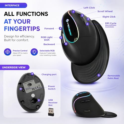 Image of J-Tech Digital Ergonomic Mouse with Wireless Connection, Removable Palm Rest, Thumb Buttons, Rechargeable Battery, 800 DPI, Compatible with Windows and MAC OS