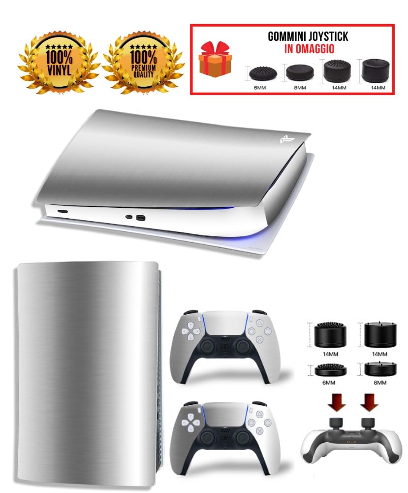 MaD Vision® Extra-Durable Skin Set in Vinile per PS5 Digital + 5 Paia di Aiming Rings | Kit Adesivo e Resistente ai Graffi per PlayStation 5 + 2 Controllers - Argento Cromato Effetto Specchio