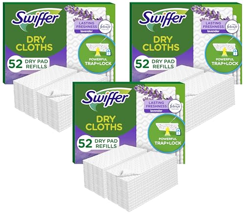 Image of Swiffer Sweep + Mop, Dry Pads Refill, Floor Cleaner for Dirt, Dust, Hair, Cleaning Cloths for Mopping Home, Bathroom, Kitchen, Dust Mop, Floor Duster, Lavender, 52ct (Pack of 3)