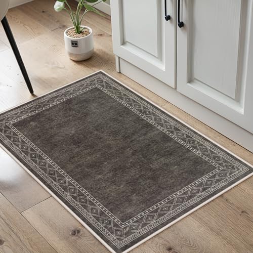 Image of Lahome Modern Bordered Kitchen Rugs Non Slip Washable, 2x3 Rugs for Entryway Ultra-Thin Soft Door Mat Indoor Entrance Rubberback Throw Carpet for Bathroom Bedroom Front Door(2x3ft,Brown)
